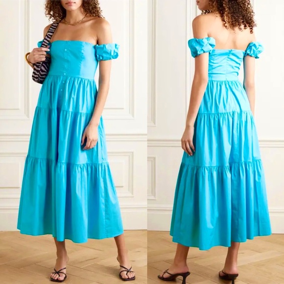 🌺🎉HP🎉🌺 NWT Staud Elio Off-The-Shoulder Midi Dress Bright Blue - Picture 7 of 16
